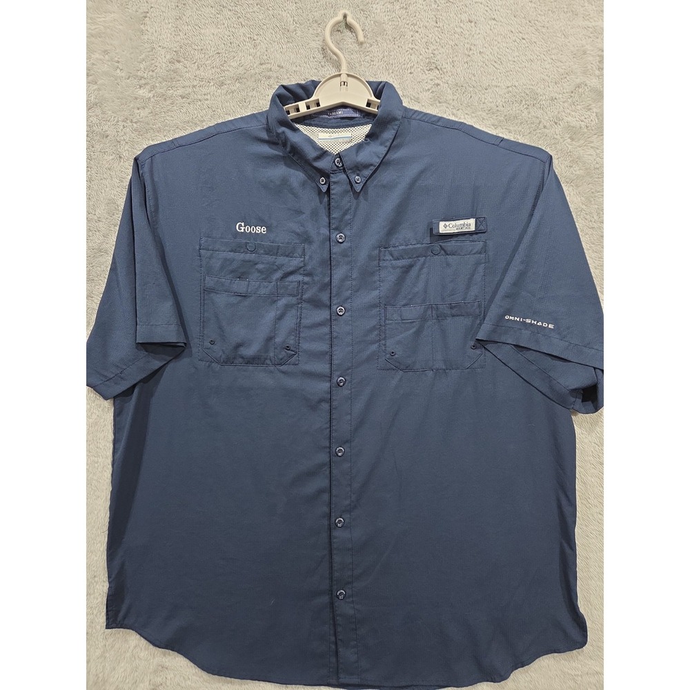 Columbia PFG Mens Sz XXL Short Sleeve Button Up Blue Vented Shirt Rear Logo